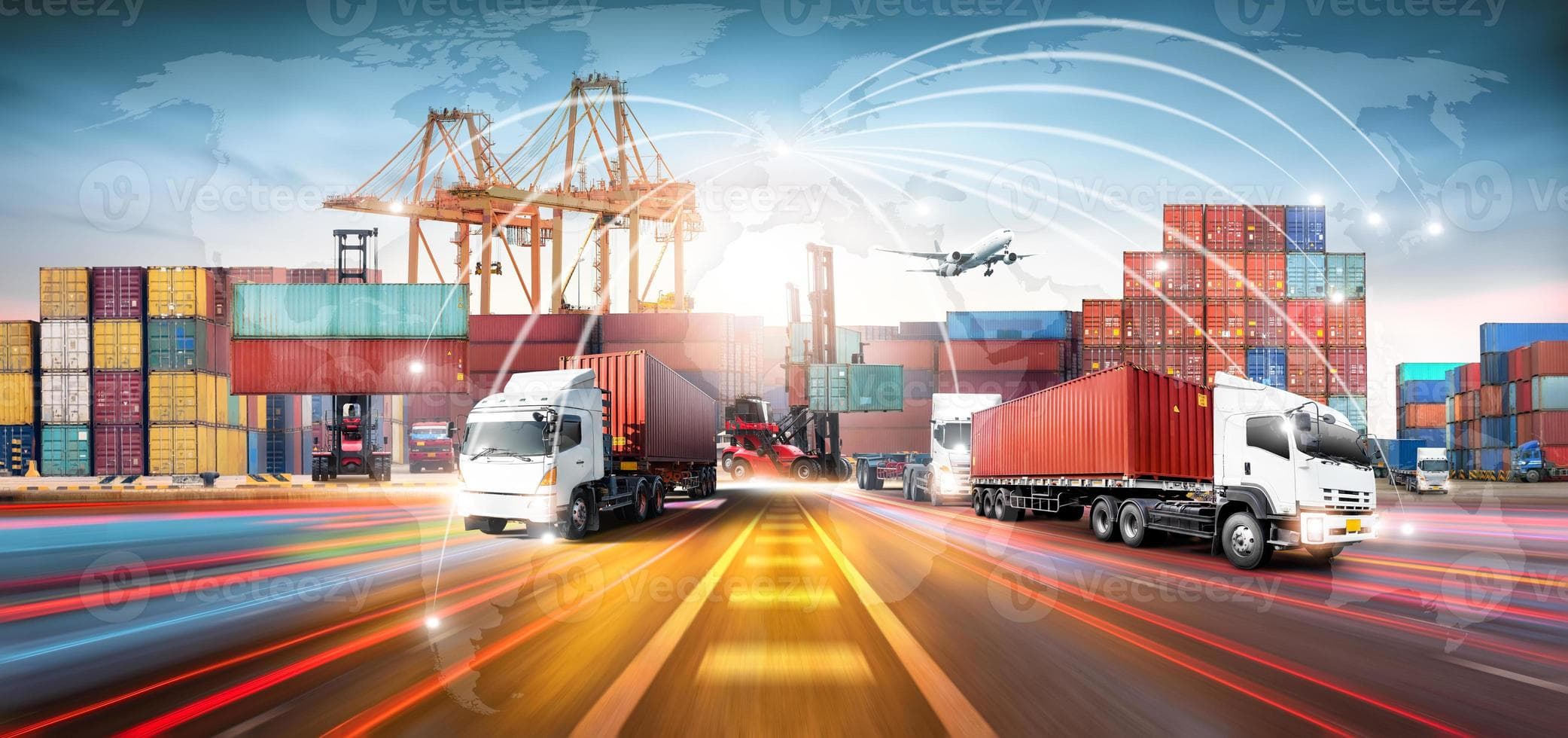 Group transportation background with containers, trucks, cranes and airplane